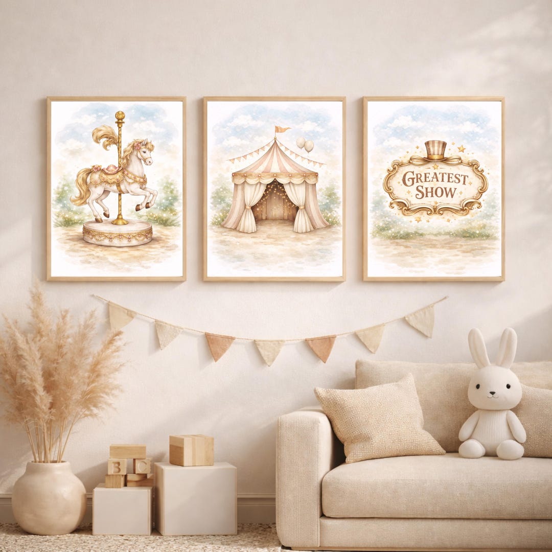 Vintage Circus Nursery Wall Art Set of 3, Greatest Show Print, Carousel ...