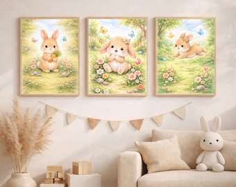 Bunny Garden Baby Wall Art Set, Cute Rabbit Kids Room Decor, Spring Animal Nursery Prints, Instant Digital Download Woodland Artwork