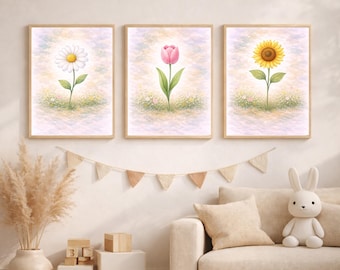 Floral Nursery Wall Art Set of 3, Daisy Tulip Sunflower Prints, Botanical Baby Girl Room Decor Spring Cottagecore Nursery Printable Download