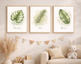 Tropical Leaf Baby Wall Art Set, Monstera Palm Banana Kids Room Decor, Botanical Jungle Nursery Prints, Instant Digital Download Plant