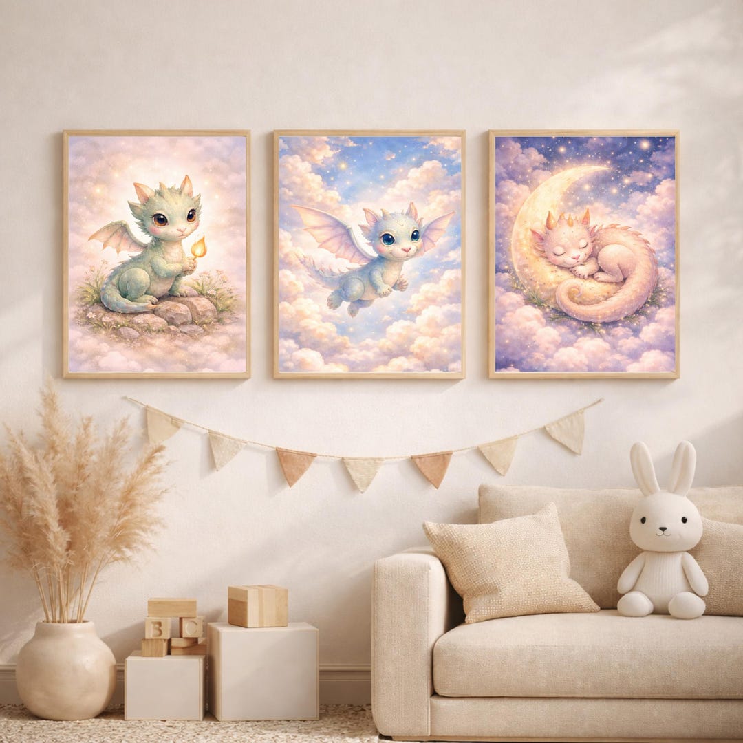 Baby Dragon Nursery Wall Art Set of 3, Fantasy Kids Room Decor, Cute ...
