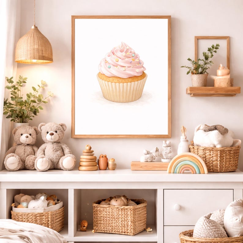 Cupcake Wall Art Printable, Pink Nursery Decor, Sweet Dessert Poster, Girls Bedroom Artwork, Pastel Baking Theme Instant Digital Download image 4