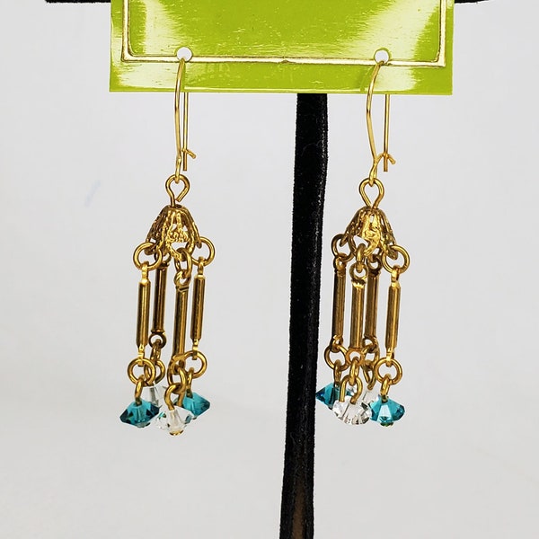 Vintage Gold Tone Dangle Earrings With Blue and White Stones Rembrandt NOS