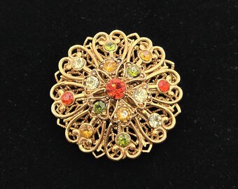 Vintage 60's Multicolor Rhinestone Gold-Tone Filigree Brooch – Retro Floral Pin