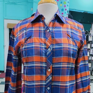Gloria Vanderbilt Juniors Orange/Navy Silk Plaid Western Blouse