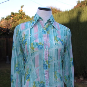 Vintage Sheer Floral Button Up Long Sleeve Blouse