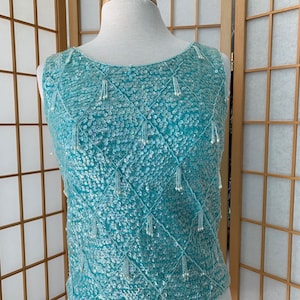 1950&#39;s Blue Sequin & Beaded Sleeveless Top