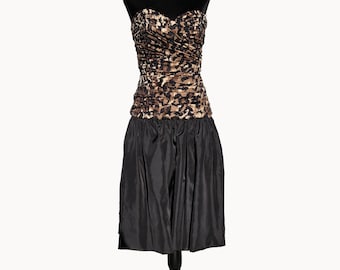 Vestido de fiesta formal sin tirantes, estilo leopardo y negro, de los años 80, talla pequeña