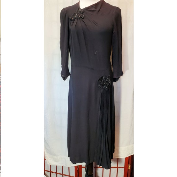 1930's Black Dress With Beaded Appliques AS-IS