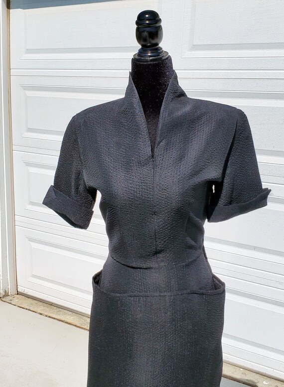 Black 40's Textured Pencil Dress - image 1