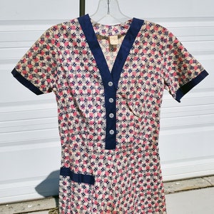 Carino rosa / blu checker stampa camicia di cotone / abito da giorno 1960