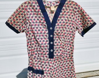 1960s Checker Print Cotton Day Dress: Pink & Grey A-Line