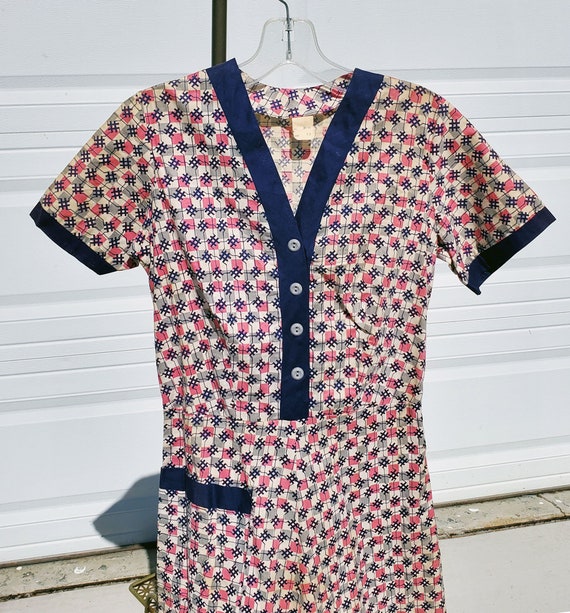 1960s Checker Print Cotton Day Dress: Pink & Grey A-Line