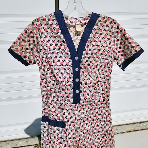 Cute Pink/Blue Checker Print Cotton Shirt/Day Dress 1960's