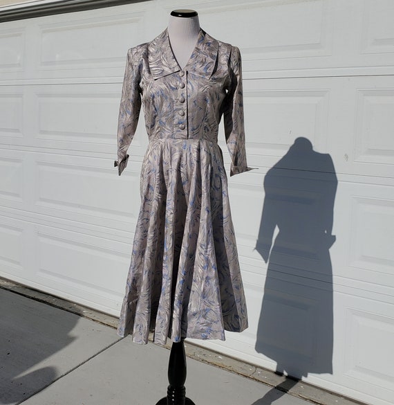 1950s Mori Silver & Blue Fit and Flare Dress