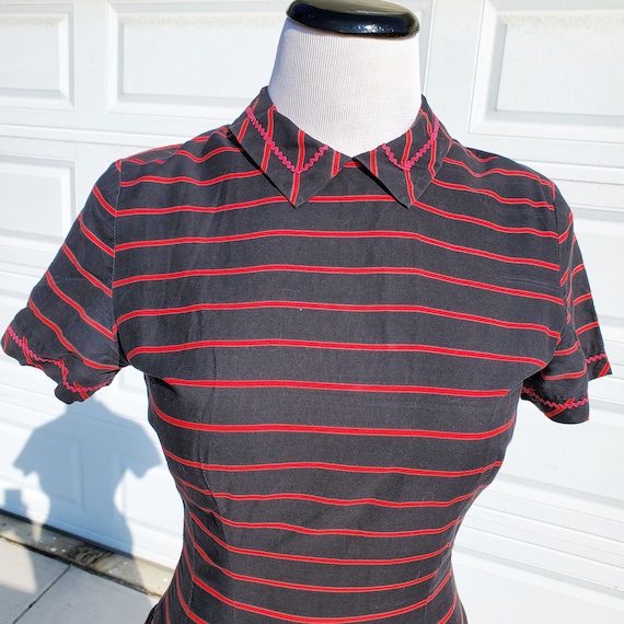 1950's Minx Modes Black and Red Striped Dress Fit… - image 3