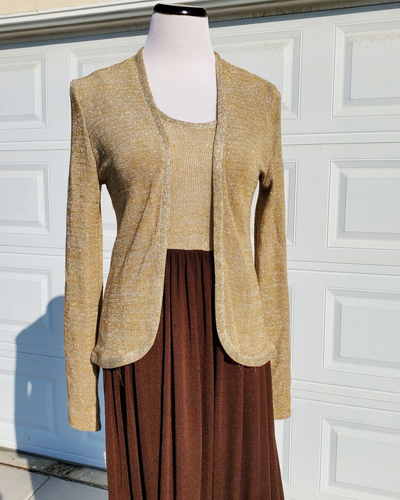 Sparkly Gold & Brown 70's Maxi Disco Dress Gown a… - image 3