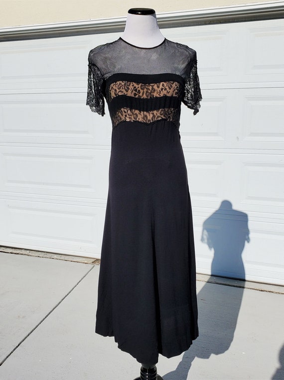 1930's Black Cocktail Evening Maxi Dress With Lac… - image 1