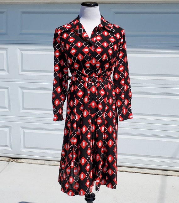 1960's Lanvin Shirtdress Black Red Geometric Patte