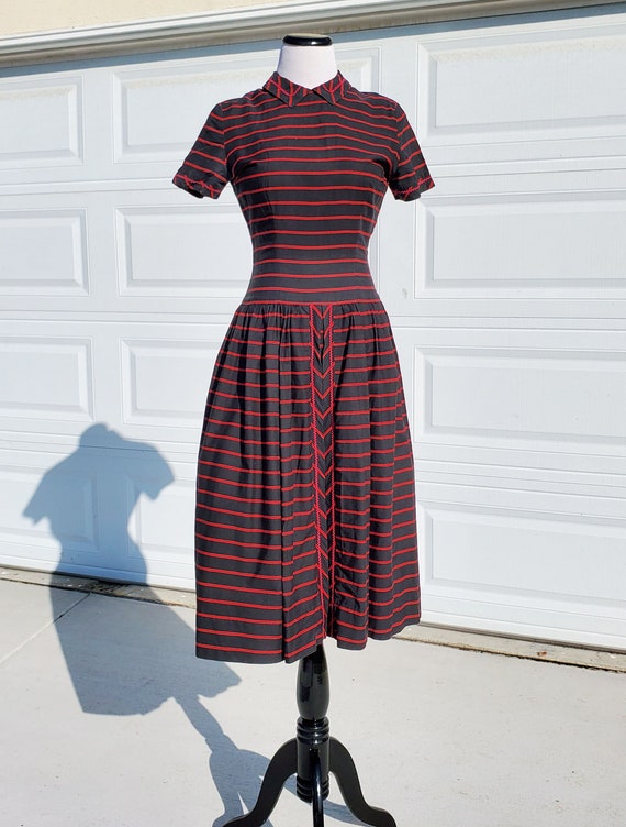 1950's Minx Modes Black and Red Striped Dress Fit… - image 1