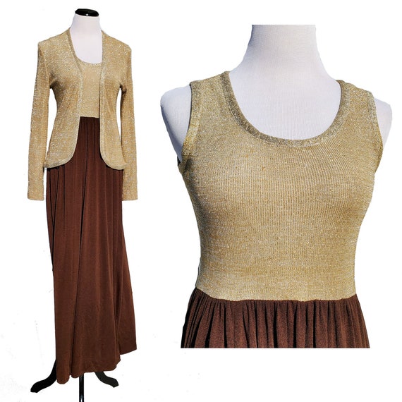 Sparkly Gold & Brown 70's Maxi Disco Dress Gown a… - image 1