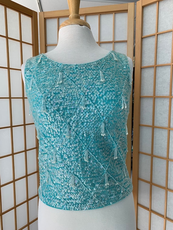 1950's Blue Sequin & Beaded Sleeveless Top