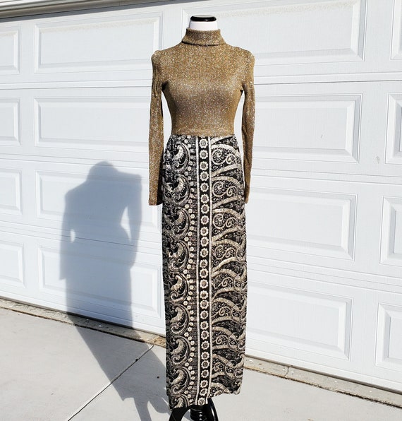 Gold and Black 60's 70's Cocktail Dress Maxi Dress - image 1