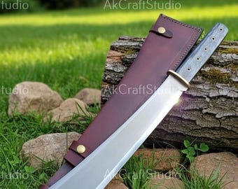 Hand-Forged Carbon Steel Bushcraft Machete: Wooden Grey Handle & Leather Sheath Us Edition Machete ,