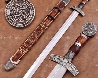 Hand-Forged Viking Steel Blade: Engraved Handle & Wooden Scabbard