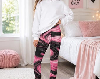 Girls Pink Black Swirl Leggings | Youth Activewear | Kids Stretch Leggings