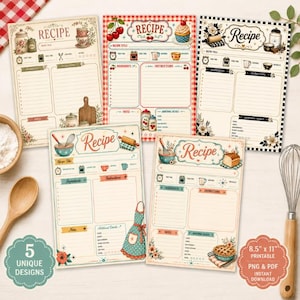 Puede incluir: Cinco tarjetas de recetas rectangulares con diversas ilustraciones de cocina que incluyen cerezas, cupcakes, delantales y bordes florales. Cada tarjeta tiene secciones para el título, tiempo de preparación, ingredientes, instrucciones y notas, con el encabezado Recipe.