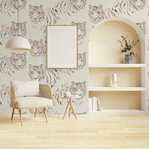 Carta da parati con stampa di tigre per soggiorno o ufficio – Decorazione murale neutra con motivo safari nella giungla – Carta da parati rimovibile con animali selvatici / Carta da parati staccabile e adesiva