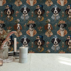Elegant Dog Portrait Wallpaper-Vintage Floral Design with Sophisticated Canine Characters | Peel and Stick Wallpaper