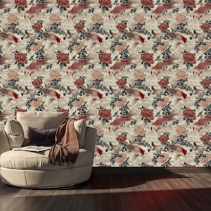 Elegante carta da parati con motivo a pesci koi e peonie - Arte murale di ispirazione giapponese per l'arredamento della casa / Carta da parati staccabile e adesiva