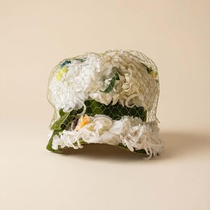 Vintage Ivory Floral Net Bucket Hat 1950s 1960s Vintage Ivory Buckram Bucket Hat: 1950s Floral Cocktail Hat  main image 4
