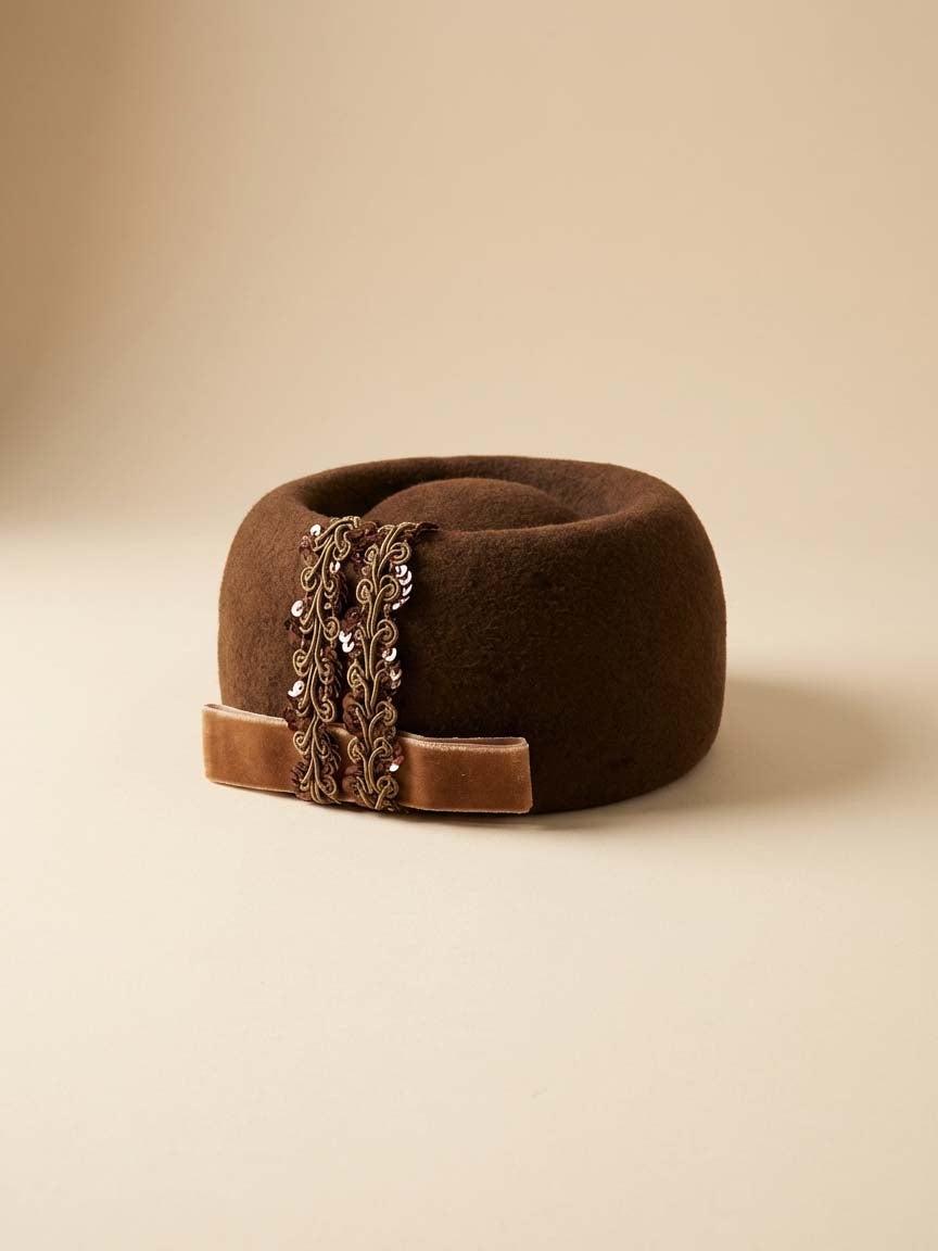 Vintage Brown Velour Pillbox Hat - Sculptural Wool Felt with Velvet Bow & Beaded Trim