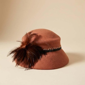 Vintage Rust Orange Felt Cloche Hat | 1960s Feather Cocktail Hat | Mod Wool Felt Hat | Mid Century Fascinator | Autumn Vintage Millinery