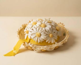 Vintage Daisy Flower Hat | 1960s Yellow White Garden Party Millinery