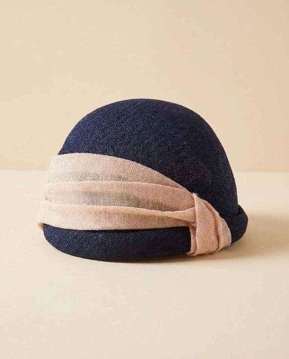 1960s Navy Blue Straw Cloche Hat | Blush Pink Ban… - image 1