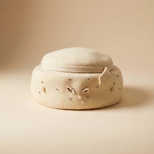 1950s Maxine Hats Ivory Wool Pillbox – Rhinestone & Pearl Embellished Hat – Mid-Century Designer Millinery