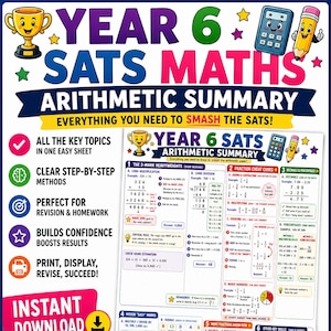 SATs Year 6 Maths Revision Summary Poster | KS2 Arithmetic Cheat Sheet | Fractions Percentages BIDMAS | Printable Maths Help for Kids UK