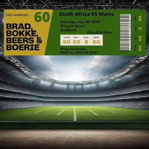 Springbok Rugby Ticket Birthday Invitation | South Africa Rugby Sport Party Invite | Custom Game Ticket Theme | Adult or Kids