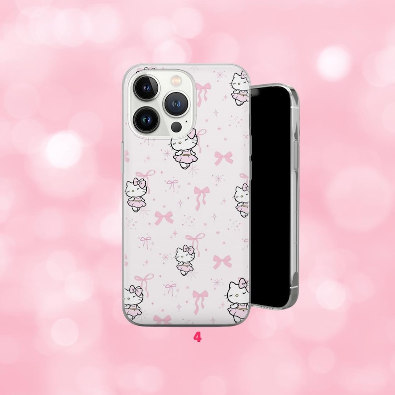 May include: White phone case featuring a repeating pattern of pink Hello Kitty characters and bows. The case is shown with a black smartphone, and the number "4" is visible at the bottom. The background is a soft pink.
