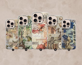 Op de afbeelding: Vijf telefoonhoesjes met vintage-stijl ontwerpen. Elke hoes heeft een andere collage van afbeeldingen, waaronder bloemen, vlinders en tekst. De hoesjes hebben een doorzichtige rand en zijn genummerd van 1 tot 5.