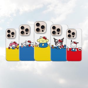 May include: Five phone cases with colorful designs featuring cartoon characters. Each case has a white top and a colored bottom in yellow, blue, or red. The cartoon characters are in various poses, with accessories.