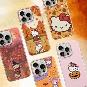Puede incluir: Una colecci&oacute;n de fundas para tel&eacute;fonos con varios dise&ntilde;os. Las fundas muestran temas de oto&ntilde;o y Halloween, con ilustraciones de Hello Kitty y otros personajes. La paleta de colores incluye naranja, rosa y marr&oacute;n.