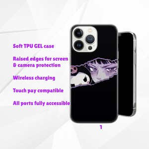 May include: Black phone case featuring a manga-style character with purple hair and eyes. The case has the text "Soft TPU GEL case", "Raised edges for screen & camera protection", "Wireless charging", "Touch pay compatible", and "All ports fully accessible".