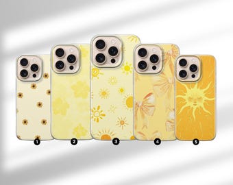 Bonita funda amarilla de verano con diseño floral y sol para iPhone 17, 16, 15, 14, 13, 12, 11, Samsung S25FE, S24, S23, A17, Pixel 10, 9, 8, 7, 6