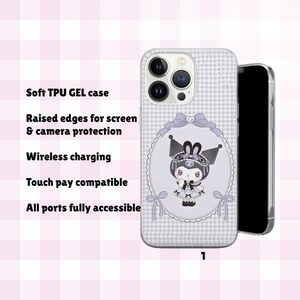 May include: A clear phone case with a light purple houndstooth pattern and a cartoon character illustration. The case has raised edges for screen and camera protection. The text on the case says "Soft TPU GEL case", "Raised edges for screen & camera protection", "Wireless charging", "Touch pay compatible", and "All ports fully accessible".