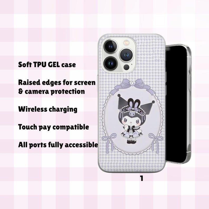 May include: A clear phone case with a light purple houndstooth pattern and a cartoon character illustration. The case has raised edges for screen and camera protection. The text on the case says "Soft TPU GEL case", "Raised edges for screen & camera protection", "Wireless charging", "Touch pay compatible", and "All ports fully accessible".
